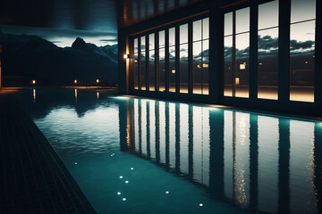 Wall Mural - luxurious swimming pool in a spa hotel with large windows and a beautiful view at night