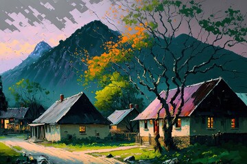 oil paining style illustration of Asian ancient village in spring season with flower blossom tree Generative Ai