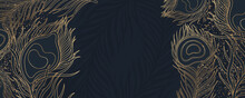 Horizontal Banner With Peacock Feathers. Luxury And Beautiful Decoration Design For Text Background. Modern Transparency Wallpaper.
