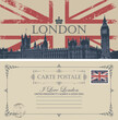 Vector postcard with Big Ben in London, Palace of Westminster, UK. Retro postcard with words London, United Kingdom in colors of british flag