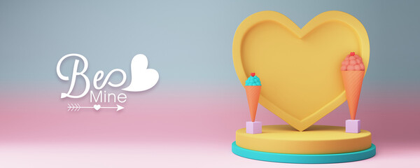 Canvas Print - Happy Valentine's Day Concept, 3D Render of Yellow Heart Shape Frame With Image Placeholder And Ice Cream Cones On Podium.