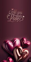 Sticker - All You Need Is Love Text With 3D Render Glossy Colorful Heart Shapes.