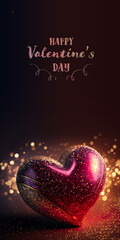 Poster - Happy Valentine's Day Text With 3D Render Of Shiny Red Glittery Heart Shape On Bokeh Light Background.