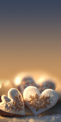 Canvas Print - 3D Render of Shiny Glittery Hearts With Golden Snowflakes On Bokeh Background. Love Concept.