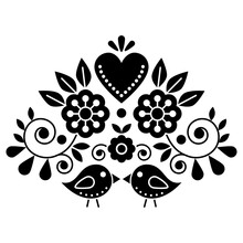 Swedish Folk Art Vector Cute Pattern With Black And White Birds, Heart, And Flowers Inspired By The Traditional Scandinavian Art - Valentine's Day Greeting Card Or Wedding Invitation Design 

