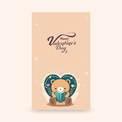 Poster - Happy Valentine's Day Vertical Banner With Cute Teddy Bear Reading A Book, Heart Shape On Peach Background.