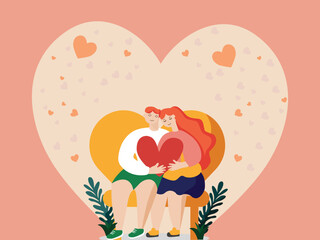 Poster - Romantic Young Couple Character Sitting On Bench Against Hearts Decorated Peach Background. Valentine's Day Concept.