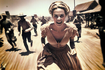 Woman running from bad guys in the wild west, vintage film style, Generative AI