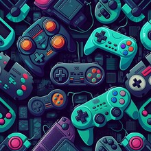 Seamless Pattern With Joysticks, Consoles And Headphones For A Boy. Typography, Cool Background For Game Designs. Print For Children's Textiles, Paper, T-shirts. Doodels And Patten