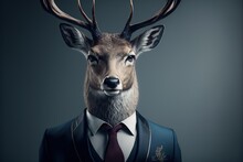 Photorealistic Portrait Of A Noble Deer Dressed In A Stylish Business Suit, Stylish Desktop Wallpaper, Poster, Interesting Account Avatar, For Example, For Online Games And Not Only Business. AI