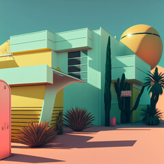 Generative Ai illustration of a brutalist building in a surreal background landscape. pop vibrant colorful mood