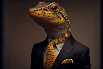 Wall Mural - Portrait of a Salamander dressed in a formal business suit. Generative AI