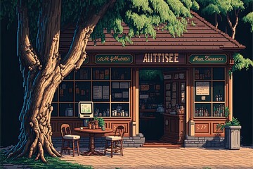 Wall Mural - Pixel art coffee shop in park with trees, facade of old coffee shop, background in retro style for 8 bit game, Generative AI	