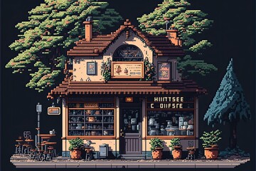 Pixel art coffee shop in park with trees, facade of old coffee shop, background in retro style for 8 bit game, Generative AI	