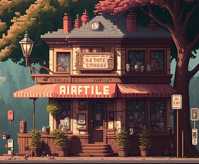 Wall Mural - Pixel art coffee shop in park with trees, facade of old coffee shop, background in retro style for 8 bit game, Generative AI	