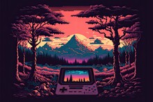 Pixel Art Old Video Game Console In Landscape, Background In Retro Style For 8 Bit Game, Generative AI