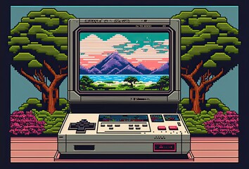 Pixel art old video game console in landscape, background in retro style for 8 bit game, Generative AI