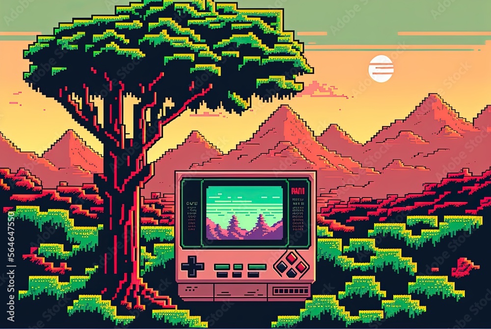 Pixel art old video game console in landscape, background in retro ...