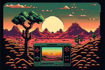 Pixel art old video game console in landscape, background in retro style for 8 bit game, Generative AI