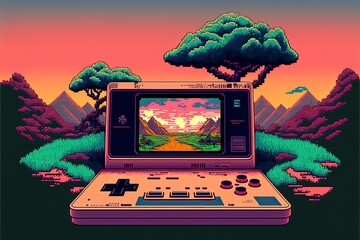 Wall Mural - Pixel art old video game console in landscape, background in retro style for 8 bit game, Generative AI