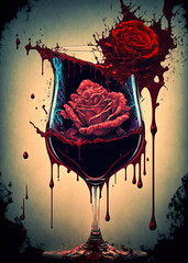 Fototapeta red wine in glass with rose flower. dripping and splashing liquid. abstract, bloody valentine concept. wall art poster design. ai generative