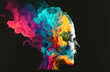 human profile made of colorful smoke on a black background