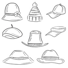 Collection Of Fashion Trendy Modern Hats Types: Baseball, Vizor, Bucket, Panama, Fascinator, Bowler, Beret, Cloche In Black On White Background. Vector Sketch Realistic Illustration In Vintage.