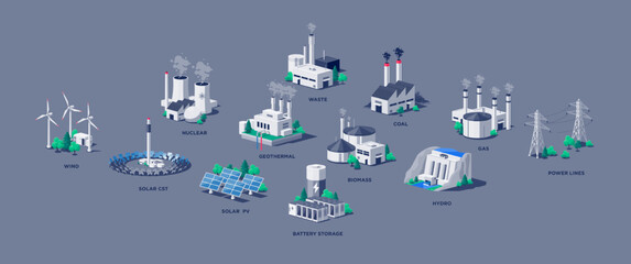 Wall Mural - Electric energy power station plants. Sustainable generations. Mix of solar, water, fossil, wind, nuclear, coal, gas, biomass, geothermal, battery storage and grid lines. Renewable pollution resources