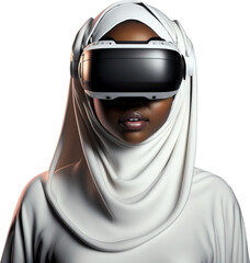 A beautiful Arabian girl with VR helmet and a white hijab without a background | Generative AI Production