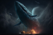 A Giant Whale Kraken Monster Attacking A Pirate Ship In The Dark Ocean, Generative Ai