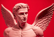 Statue of cupid god of love against a red background. Generative ai