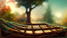 Old Wooden Terrace With Wicker Swing Hang On The Tree With Blurry Nature Background 3d Render