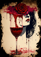Fototapeta red wine in glass with portrait of a beautiful woman with rose flower. dripping and splashing wine and blood. abstract, bloody valentine concept. wall art poster design. ai generative