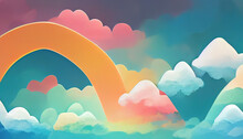 Paper Cut Landscape Banner With Rainbow And Clouds Made In Realistic Paper Craft Art