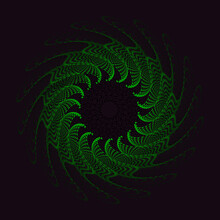 Abstract Modern Glitch Green Fractal Circle Pattern On Black Background. Luxury Backdrop. Geometric Wallpaper. Digital Art. Cover Design. NFT Card. Swirl Neon Design Element For Template. Flower. ESG.