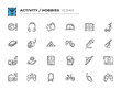 © Abstract - Editable Activity and Hobbie icons set. Thin line outline icons such as movies, lifestyle, camera, gamepad, art, bicycle, book, listen, camping tent, interests, microphone, guitar vector