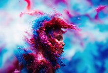 Generative AI Illustration Of Woman With Exploding Colorful Dust On Head