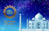Fototapeta  - Ramadan kareem background, illustration with Taj Mahal, on background with colorful stars