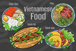 Vietnamese food. A set of classic dishes. Cartoon hand drawn illustration.