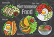 Vietnamese food. A set of classic dishes. Cartoon hand drawn illustration.