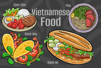 Vietnamese food. A set of classic dishes. Cartoon hand drawn illustration.