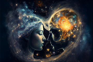 Wall Mural - man and woman silhouettes at abstract cosmic background. human souls couple in love. astral body, es