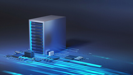 Wall Mural - server computer on digital electronic  with node base programming data  3d illustration