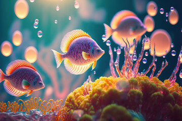 Sticker - Colorful tropical fish swimming in ocean. Generative AI