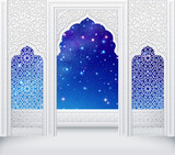 Fototapeta Dinusie - Islamic design arch in Clouds with starry sky with colorful stars