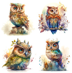 Sticker - Fantasy watercolor painting, colorful owl with fairytale town, digital illustration