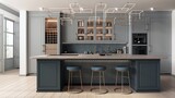 Fototapeta  - Wnętrze kuchni zaprojektowano jako połączenie klasycznej nowoczesności i stylu glamour. Niebieskie dekoracyjne fronty szafek współgrają z szarym granitem i złotymi detalami. ilustracja 3D
