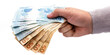 © RHJ - hand on isolated white background offering brazil money, one hundred and fifty reais banknotes, brazilian economy.