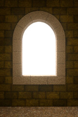 Backdrop of a window with a semicircular arch isolated on empty background and located on the wall of an old castle, palace, or medieval environment. 3D Rendering