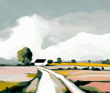 A Digital Painting Of A Small White Farmhouse In A Yellow Field With A Pathway In The Foreground